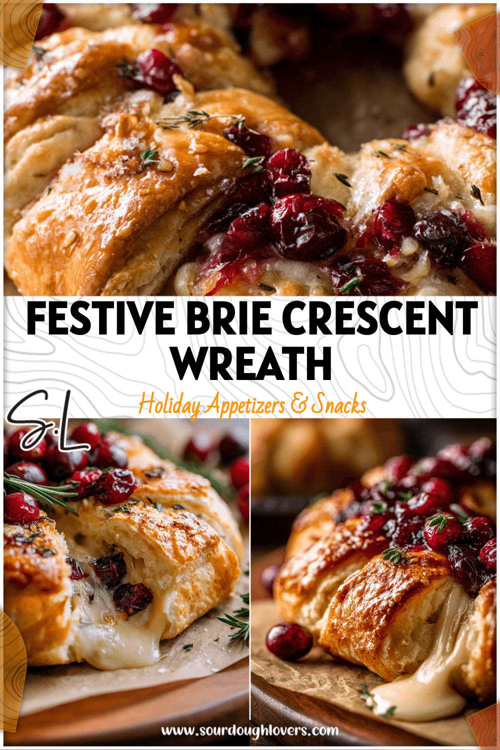 Flaky crescent pastry Christmas Brie Wreath filled with melted brie and cranberry sauce on parchment